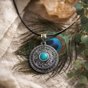 925 Stamped Silver Genuine Turquoise Artisanal Round Pendant Necklace Boho Chic